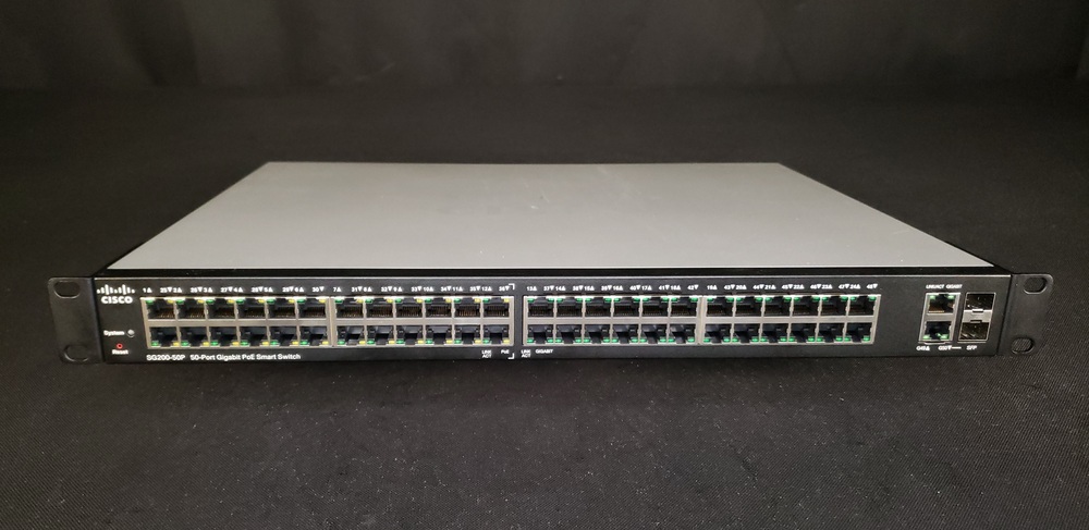 Front of 50 port Cisco SG200-50G network switch.