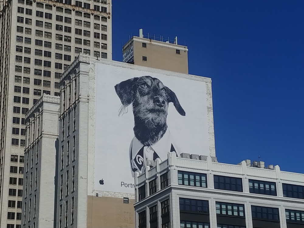 Apple advertisement on the side of a building.