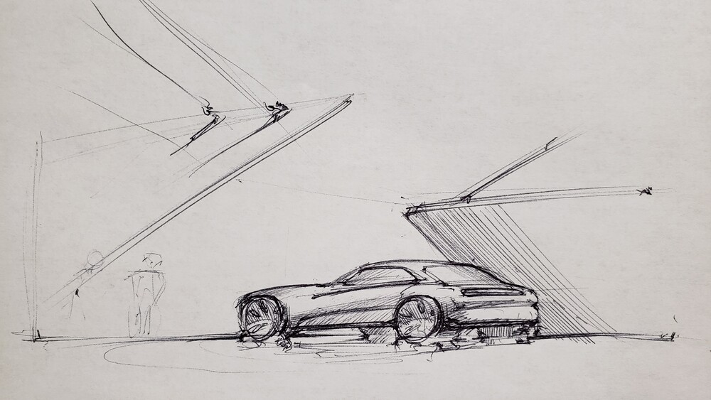 Rear three-quarter sketch of a car in front of a semi-architectural environment