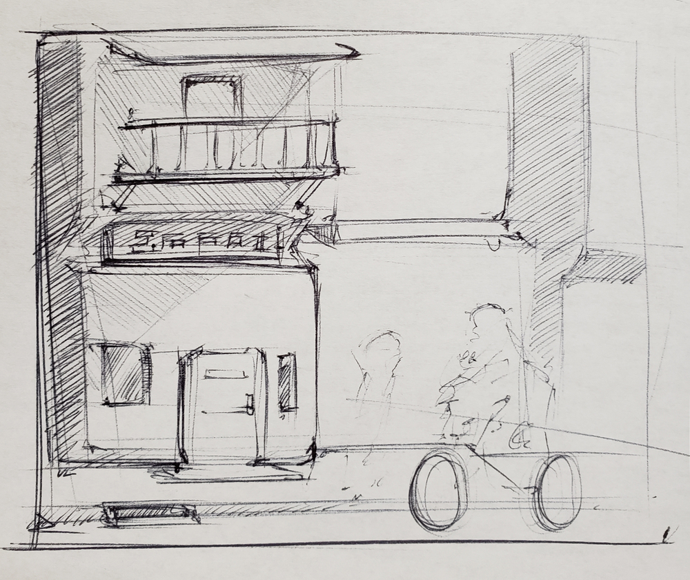 Doodle of a two-story shop in a city with bicyclist riding through the scene.