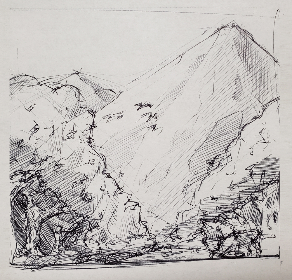 Low view sketch of a forest with a mountain in the background. River leading through the scene.