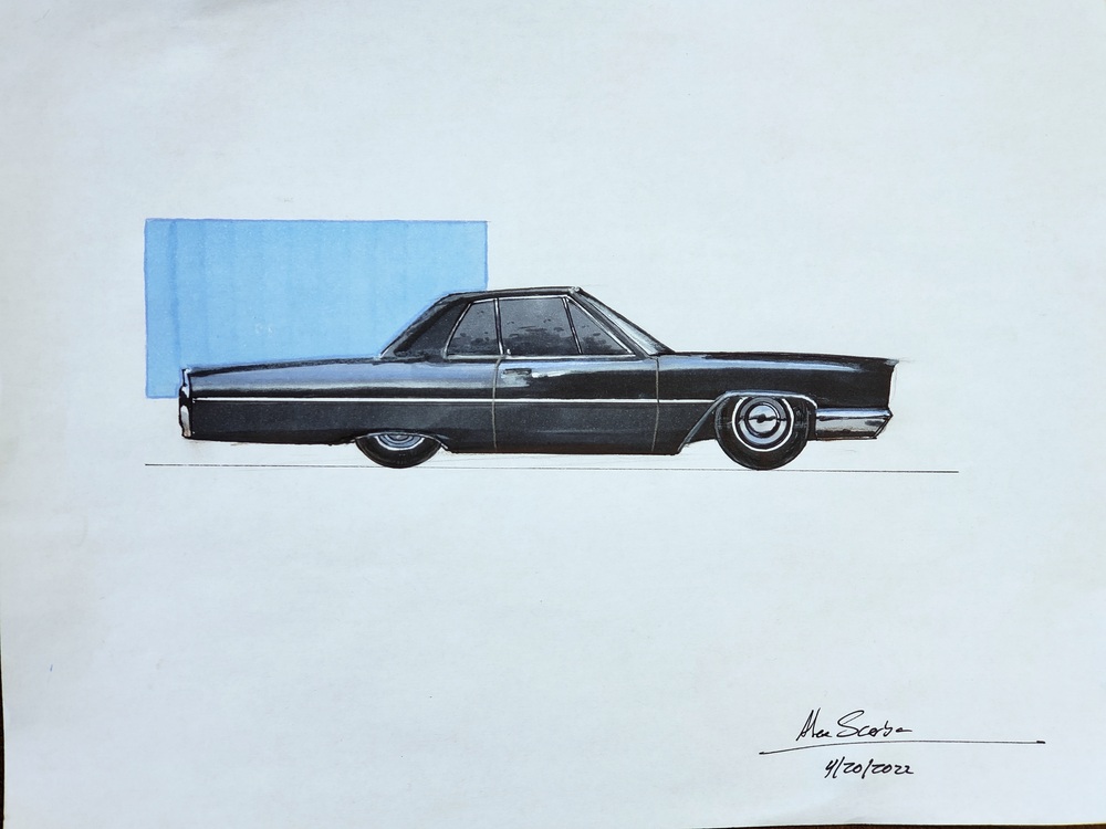 Lowered, black 60s Cadillac Calais marker sketch with blue background and secondary highlights.