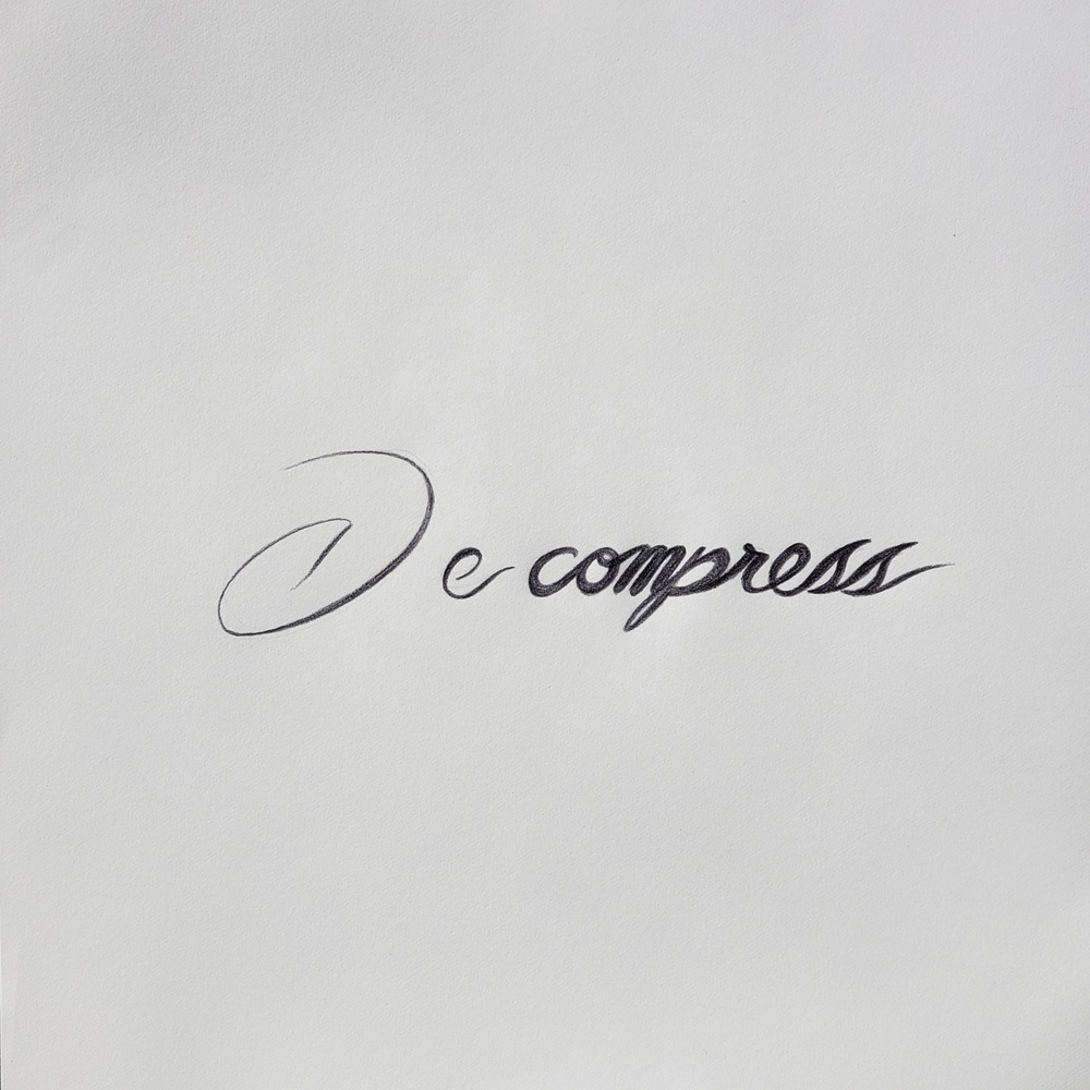 Sketch of the word 'decompress' in a cursive-like font. The 'D' and 'e' are lighter and spaced out, while 'compress' is darker and more squished together.