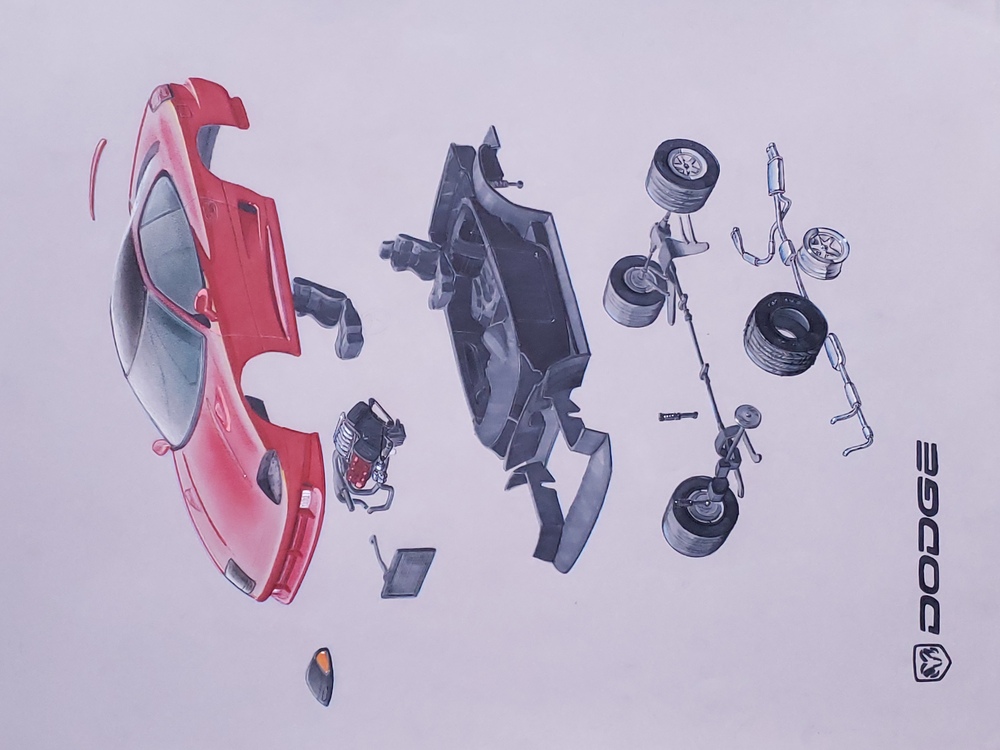 Exploded view of 90s Dodge Stealth R/T model kit with a red body. Done with marker, pastel, and colored pencil.