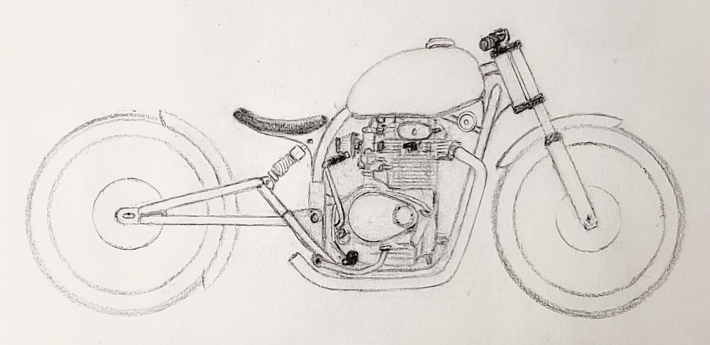 Sketch of a custom Honda SL350 bobber motorcycle.