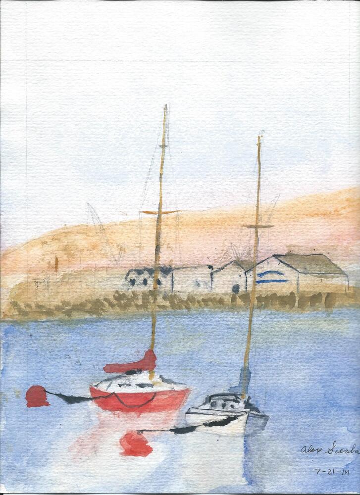 Two boats tied to buoys in a harbor painted in watercolor. The left one has red accents, and the right one has blue accents.