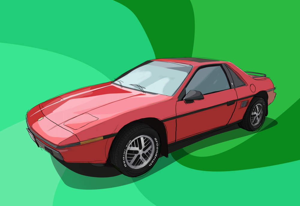 Digital painting of a red first-generation Pontiac Fiero on a spiraling green background.