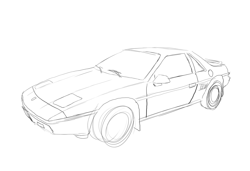 Overlay sketch of a Pontiac Fiero on a white background done in Photoshop.