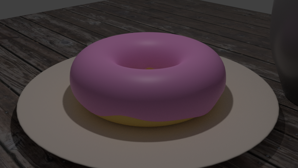 Render of donut based on original Blender Guru beginner tutorial. Pink frosted donut on plate next to a mug.