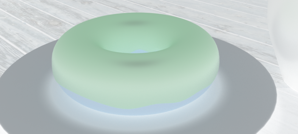 Render of donut based on original Blender Guru beginner tutorial. Crazy glowing frosting on plate next to mug.