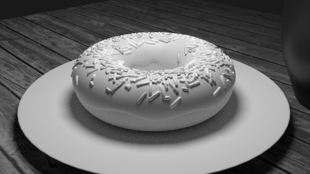 Render of donut based on original Blender Guru beginner tutorial. All grey frosting with sprinkles on plate next to mug.