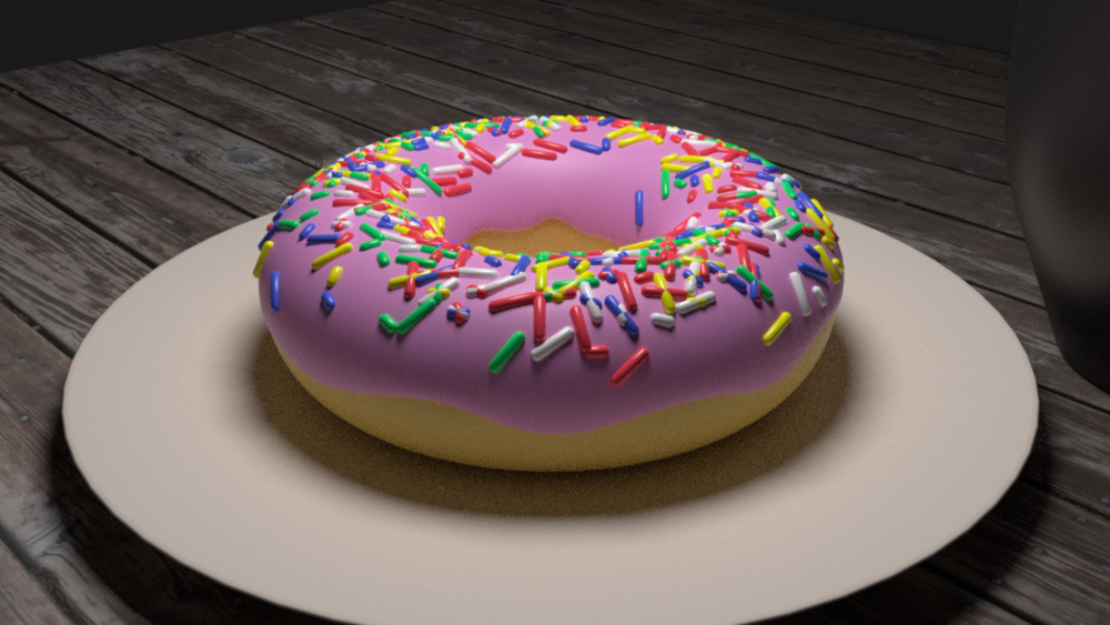 Render of donut based on original Blender Guru beginner tutorial. Tan donut, ping frosting, and multicolored sprinkles on plate next to mug.