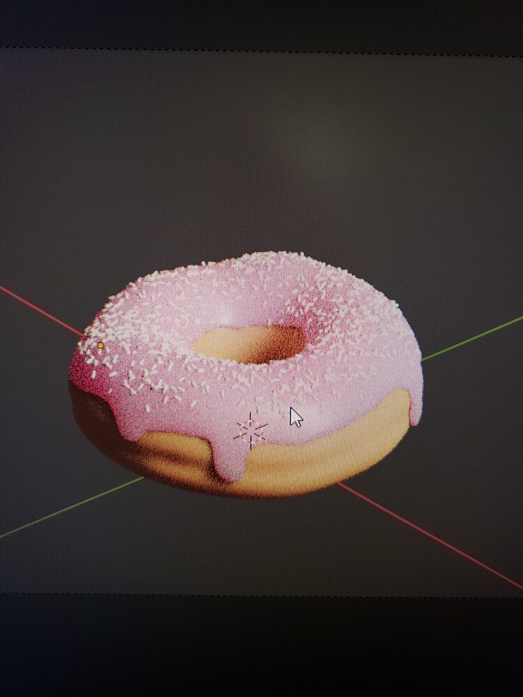 Donut in progress with pink frosting and small white sprinkles in 3D viewport.