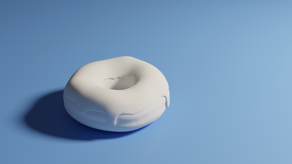 First rendering with grey donut and frosting on blue plane.