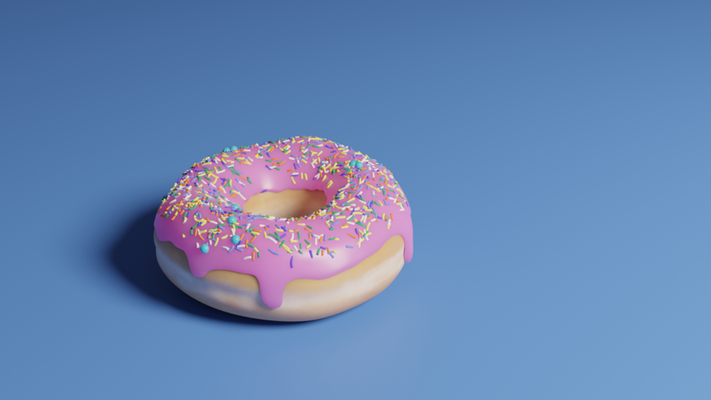 Flat, texture painted donut with darker pink frosting and multicolored sprinkles on blue plane.