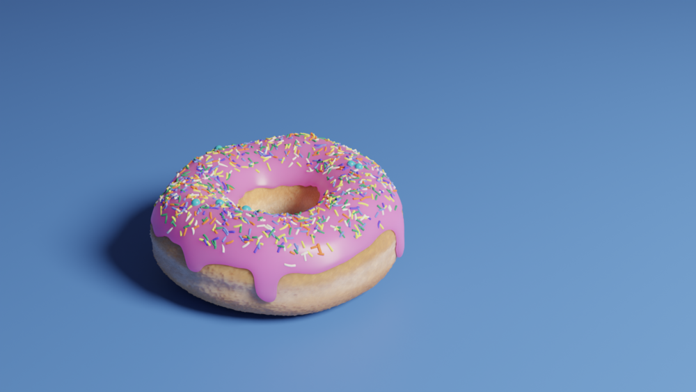 Textured and texture painted donut with pink frosting and multicolored sprinkles on blue plane.