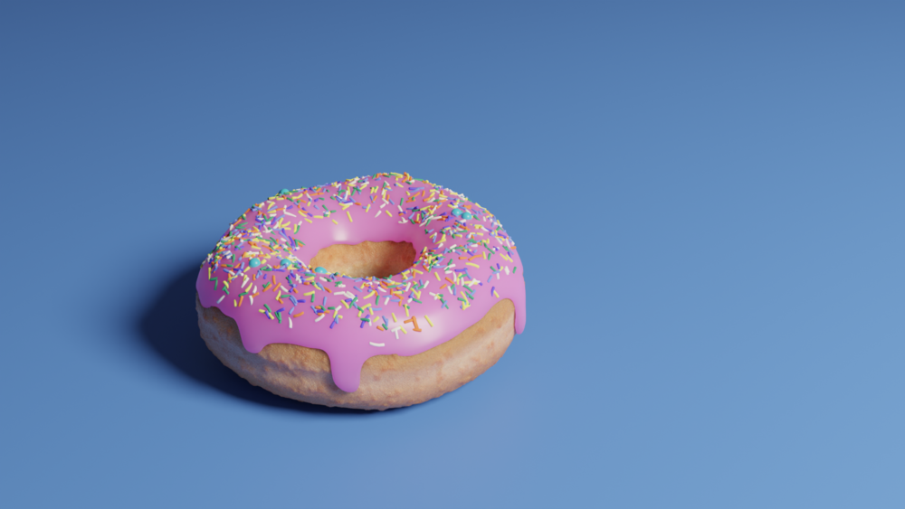 More refined textured and texture painted donut with pink frosting and multicolored sprinkles on blue plane.