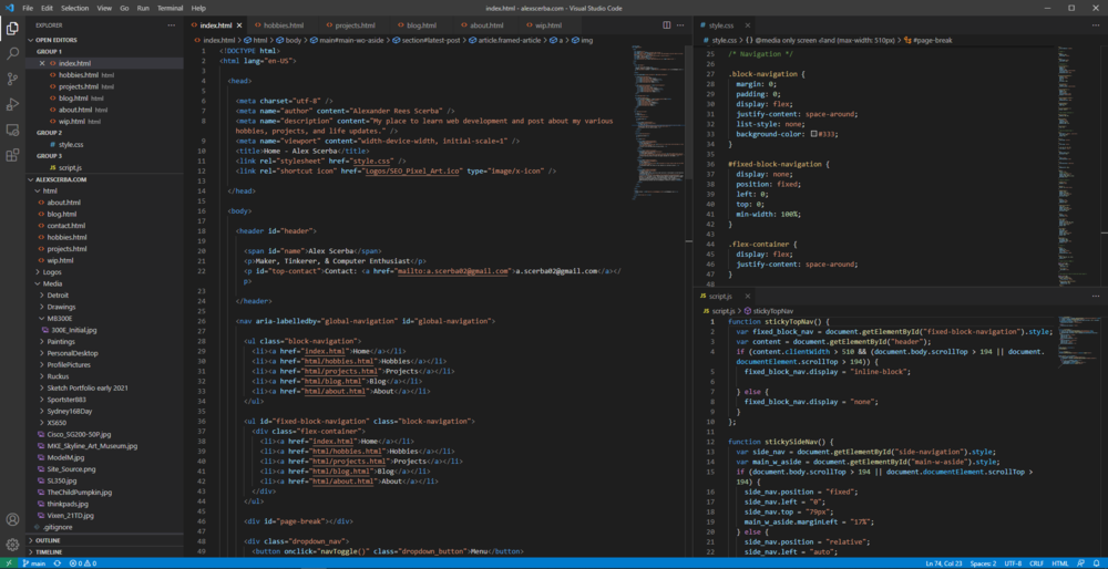 Screenshot of Visual Studio Code with the HTML for this website open.