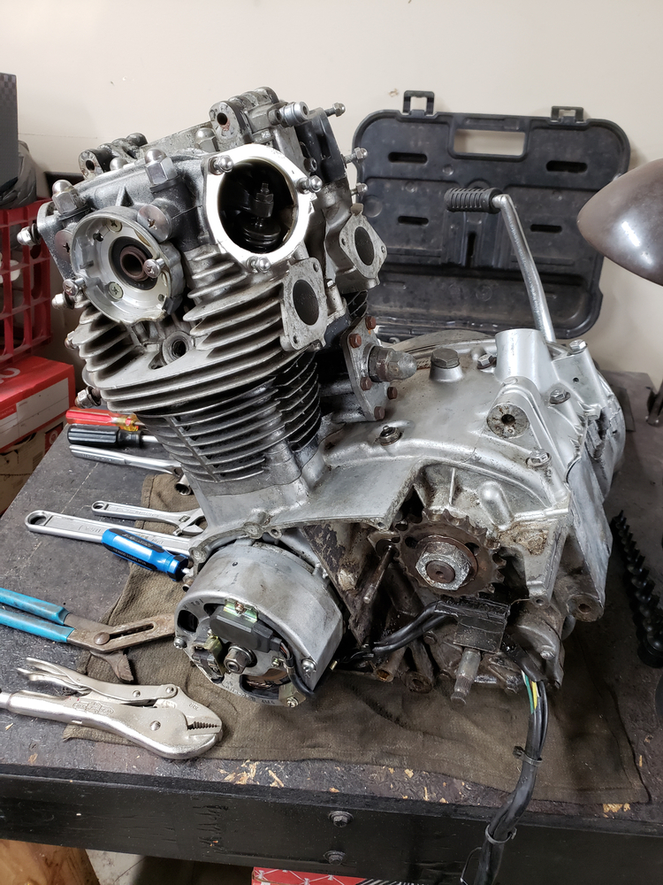 1981 XS650 engine on bench at the beginning of the teardown. Valve and alternator covers removed.